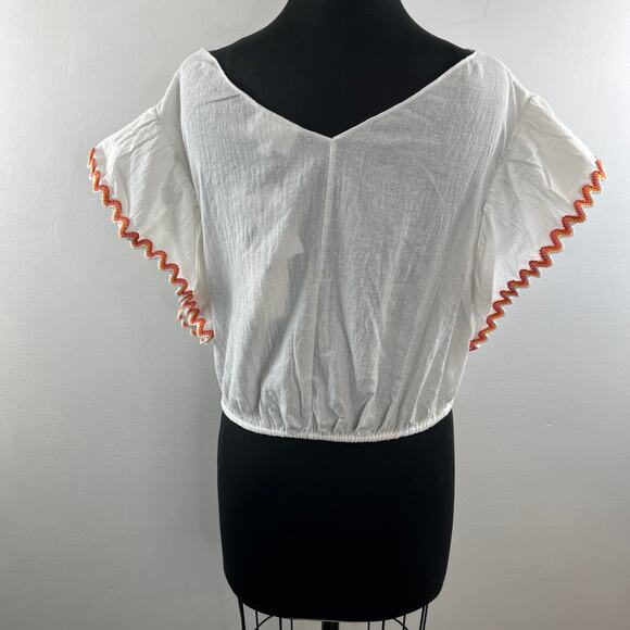 Line And Dot White Orange Top Linen Knotted Front Ruffle Sleeve Size Large L NEW - Picture 6 of 11
